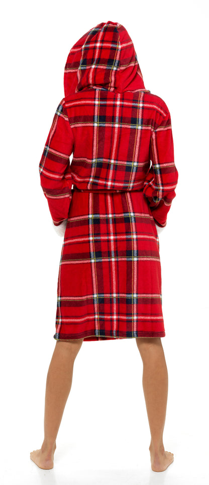 Ladies Dressing Gown Womens Luxury Tartan Check Robe Hooded Sherpa Housecoat