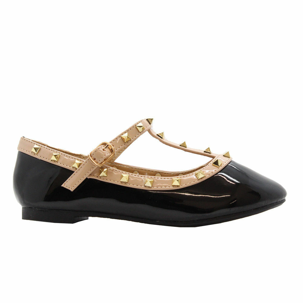 Girls Studded Ballet Pumps Kids Pointed Toe Balerinas T Bar Buckle Party Shoes