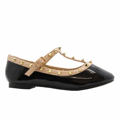 Girls Studded Ballet Pumps Kids Pointed Toe Balerinas T Bar Buckle Party Shoes
