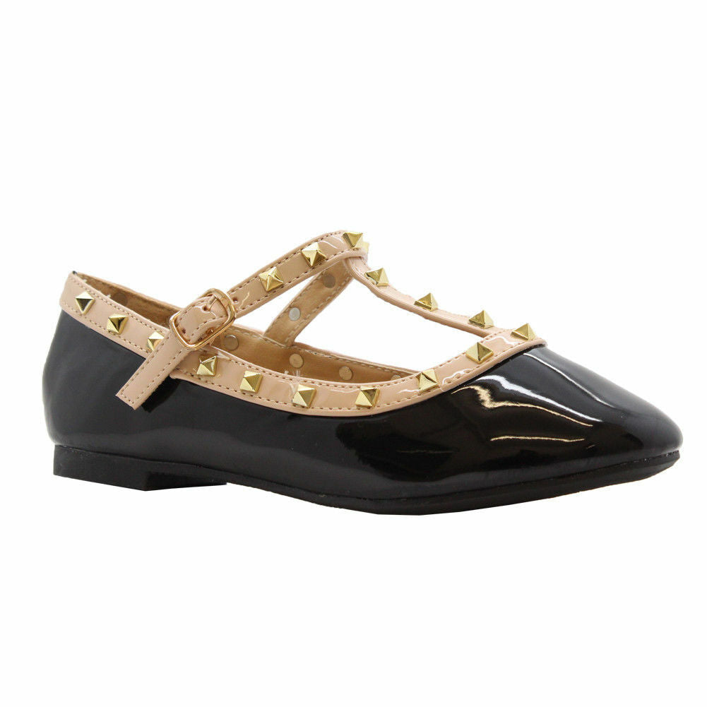 Girls Studded Ballet Pumps Kids Pointed Toe Balerinas T Bar Buckle Party Shoes