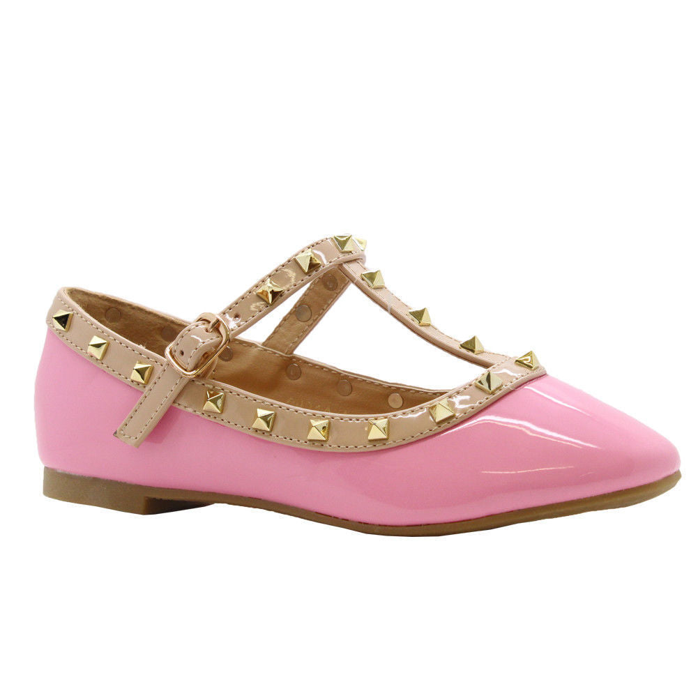 Girls Studded Ballet Pumps Kids Pointed Toe Balerinas T Bar Buckle Party Shoes