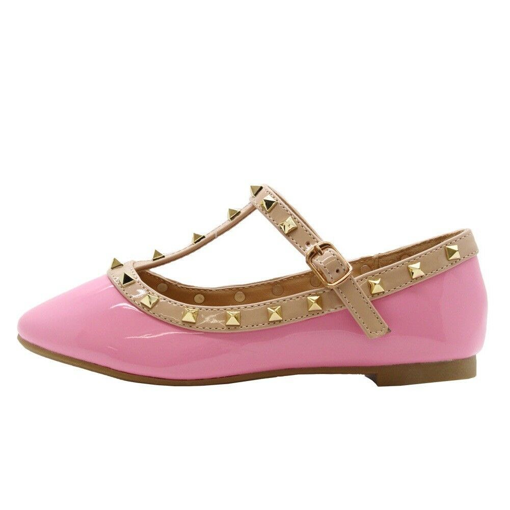 Girls Studded Ballet Pumps Kids Pointed Toe Balerinas T Bar Buckle Party Shoes