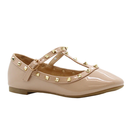Girls Studded Ballet Pumps Kids Pointed Toe Balerinas T Bar Buckle Party Shoes