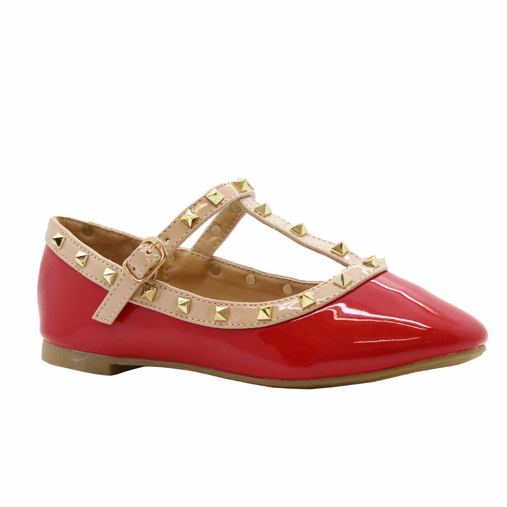 Girls Studded Ballet Pumps Kids Pointed Toe Balerinas T Bar Buckle Party Shoes