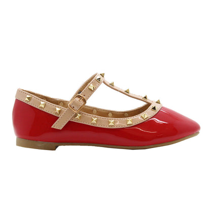Girls Studded Ballet Pumps Kids Pointed Toe Balerinas T Bar Buckle Party Shoes