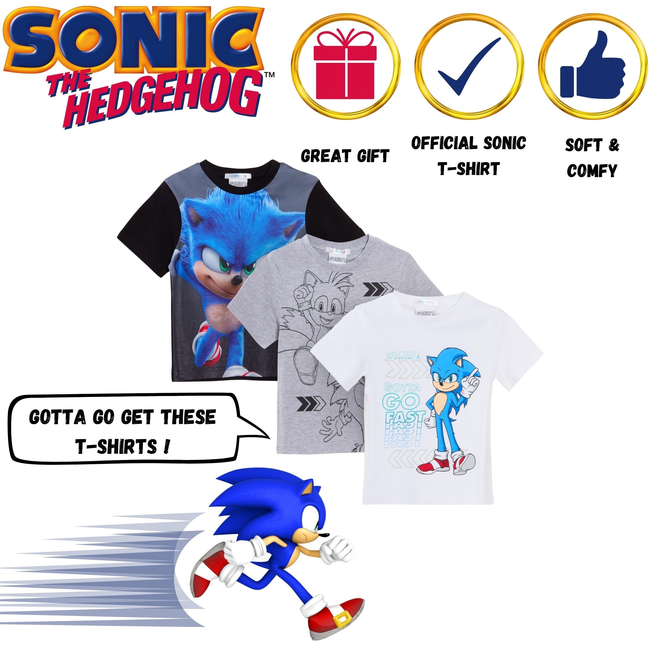 Boys 3 Pack Sonic The Hedgehog T-Shirts Kids Sega Tails Dress Up Tops Gamer Tees