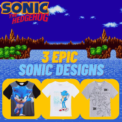 Boys 3 Pack Sonic The Hedgehog T-Shirts Kids Sega Tails Dress Up Tops Gamer Tees