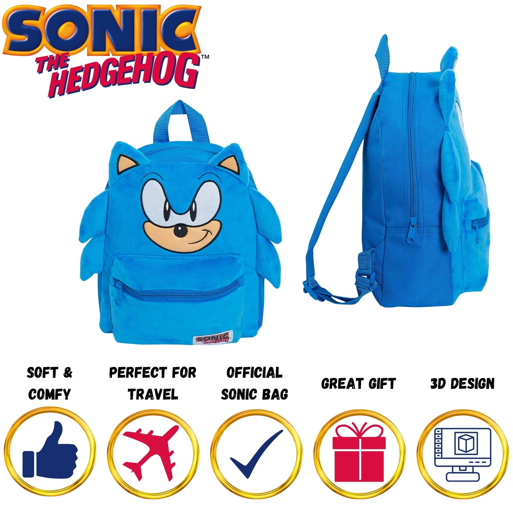 Sonic The Hedgehog 3D Plush Backpack Kids Sega School Book Lunch Swim Travel Bag