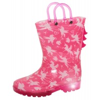 Girls Unicorn Light Up Wellington Boots Kids Pink Wellies Handle 3D Rain Shoes
